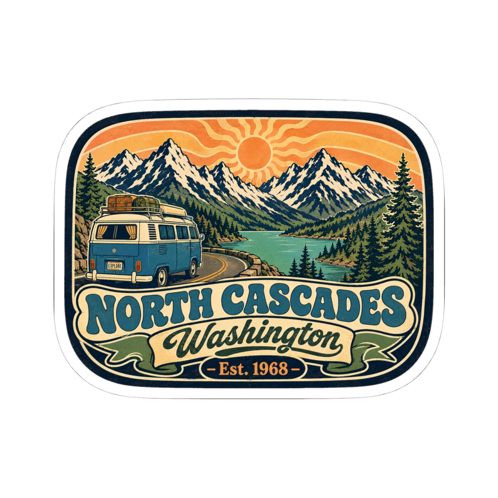 North Cascades decal sticker featuring a blue camper van on a winding road