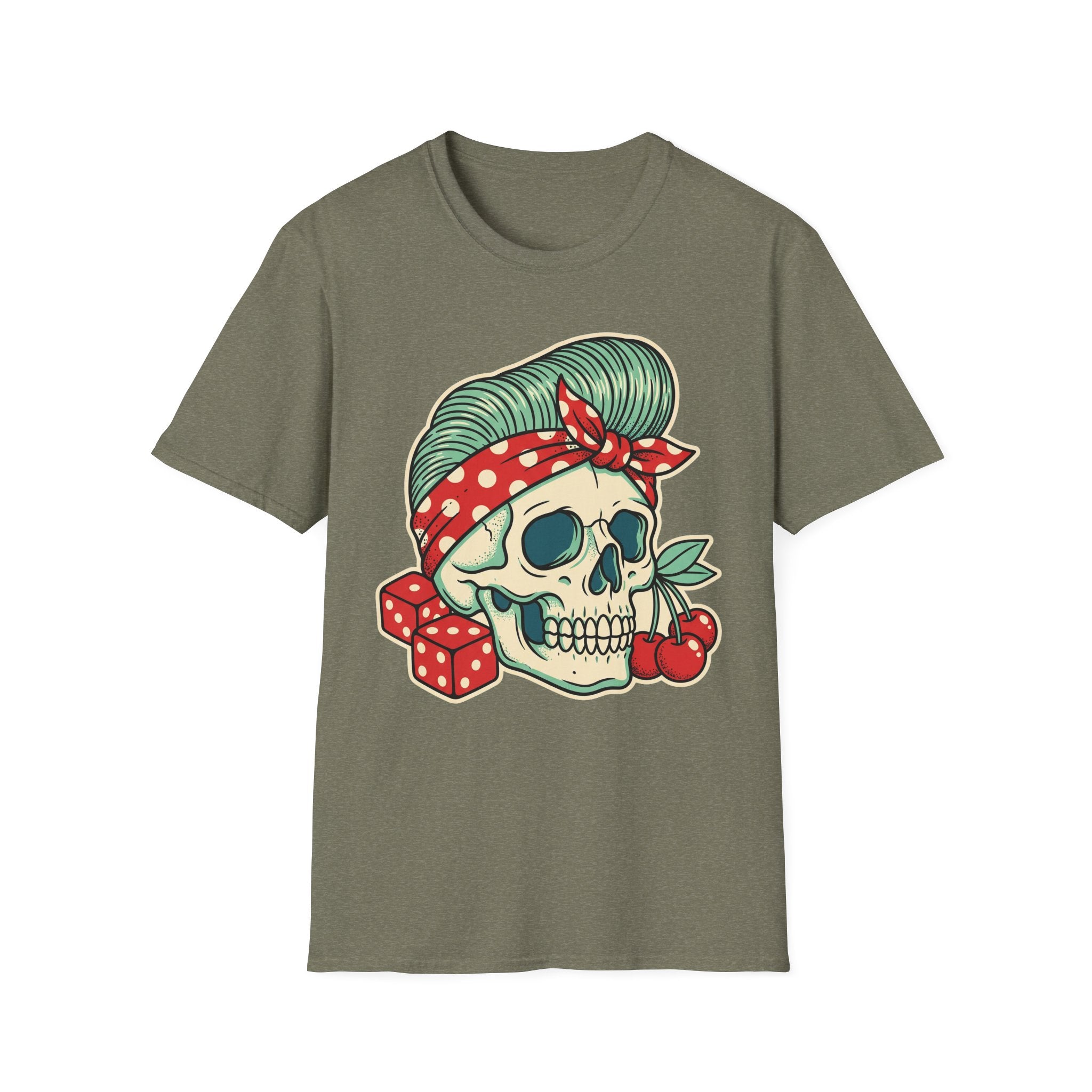 Olive green rockabilly T-shirt with sugar skull print, red bandana and cherry accent blocks