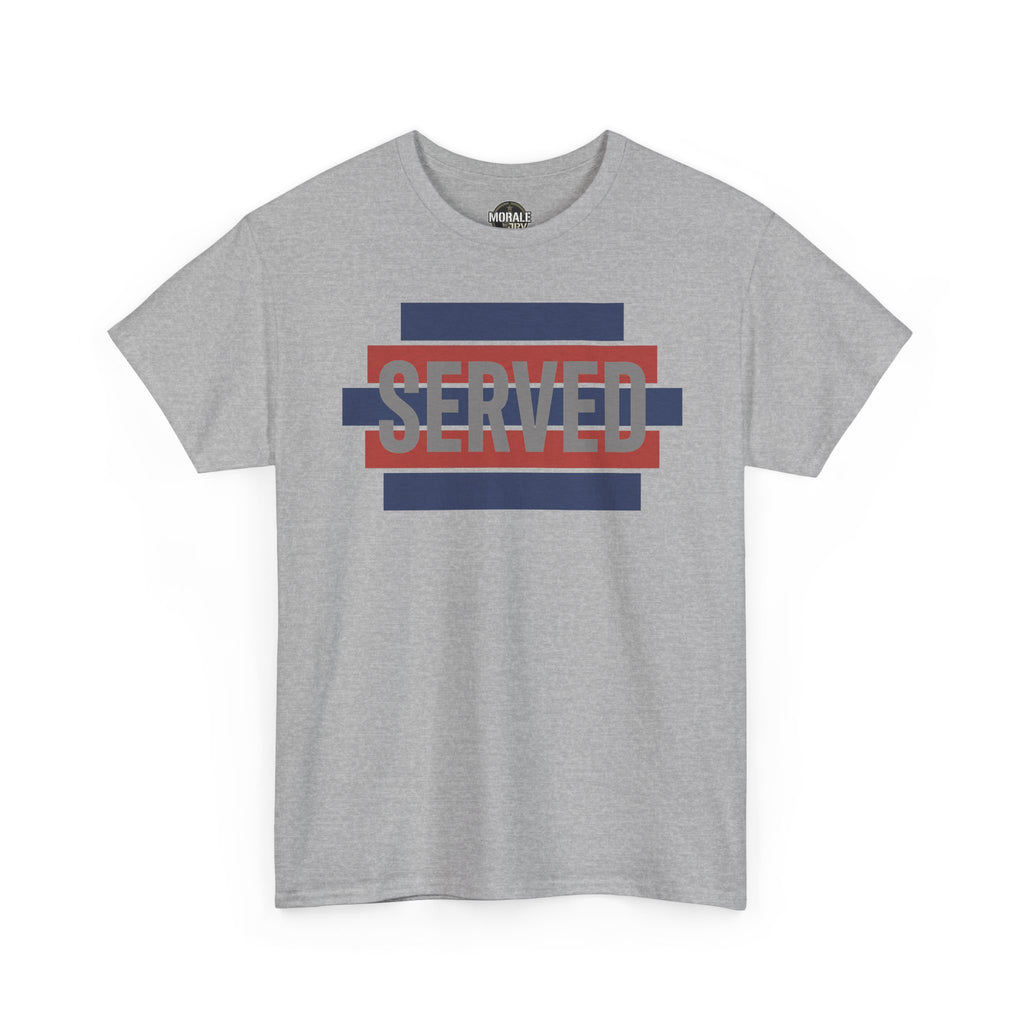 Sport grey T-shirt with striped SERVED graphic in red and blue on front, crew neck