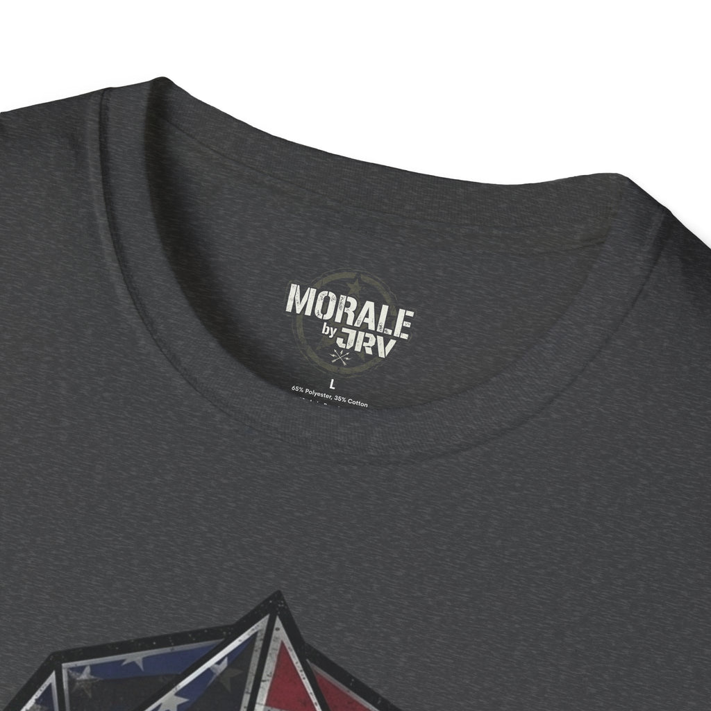 Dark heather t-shirt close-up of neck label and logo