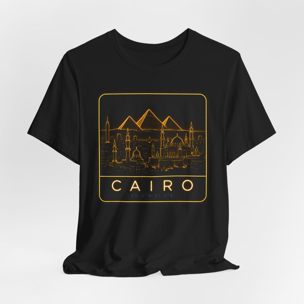 Black crew-neck T-shirt with gold Cairo skyline, pyramids, and CAIRO lettering