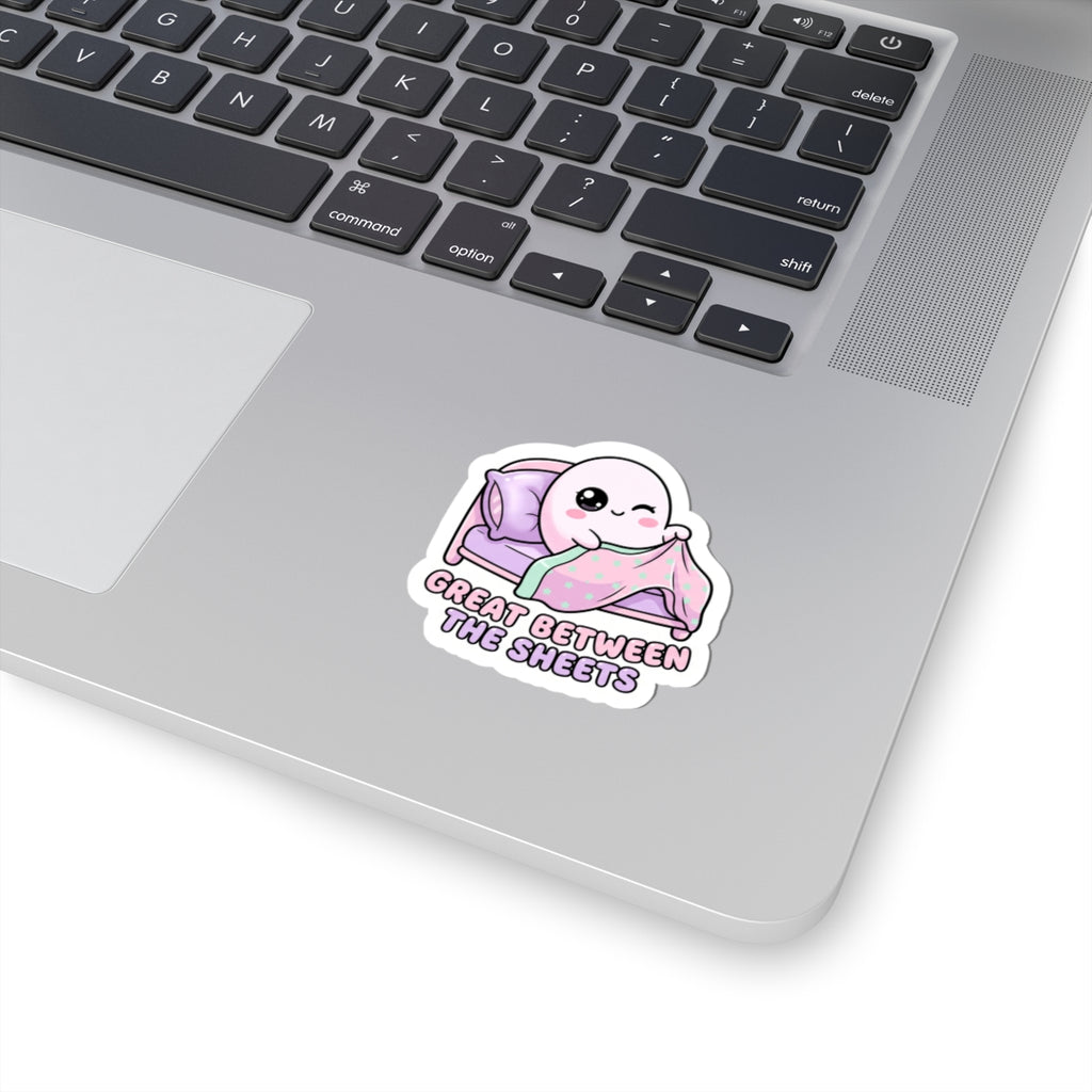 Kawaii bed ghost kiss-cut sticker, purple cartoon ghost with blanket, white outline