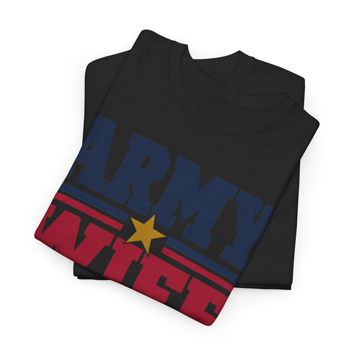 Black T-shirt with patriotic block-letter graphic and gold star