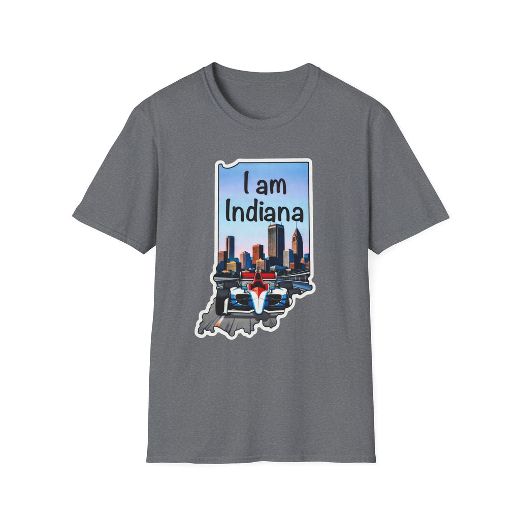 I am Indiana T-Shirt, dunkelgrau: Indiana-Schriftzug, Skyline & IndyCar im Umriss