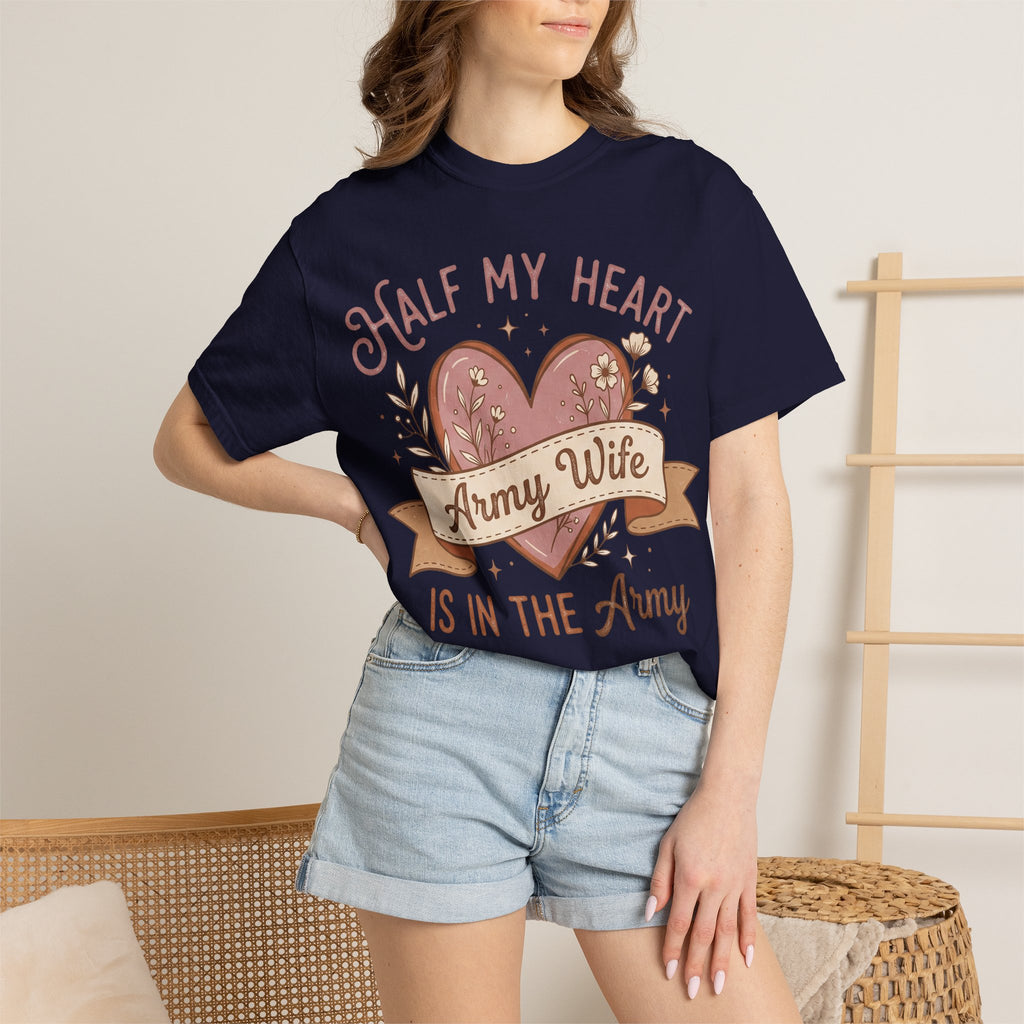 Navy T-shirt with heart graphic and “Army Wife” banner text, short sleeves