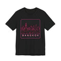 Black crew-neck T-shirt with neon pink Bangkok skyline print