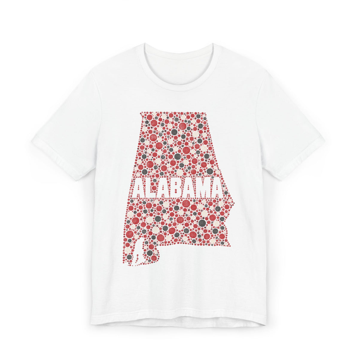 White Alabama graphic T-shirt with red dotted state outline and “ALABAMA” text
