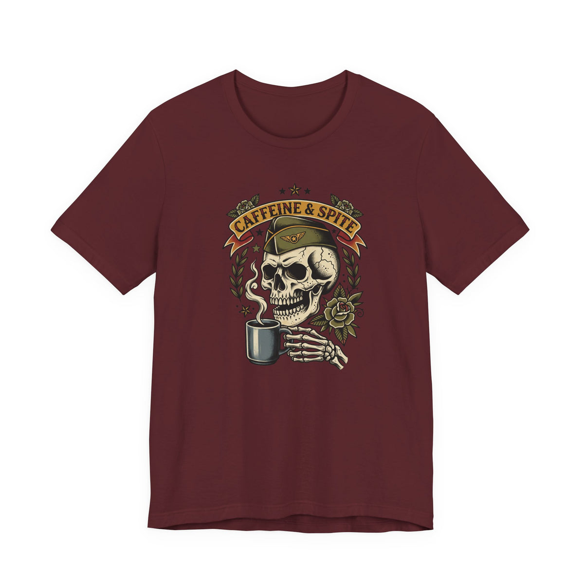 Burgundy vintage tattoo skull T-shirt with coffee mug graphic and leaf wreath