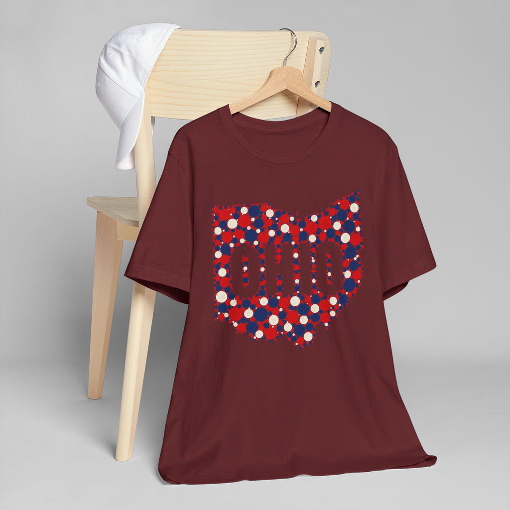 Burgundy crew-neck t-shirt with Ohio outline graphic in red white and blue