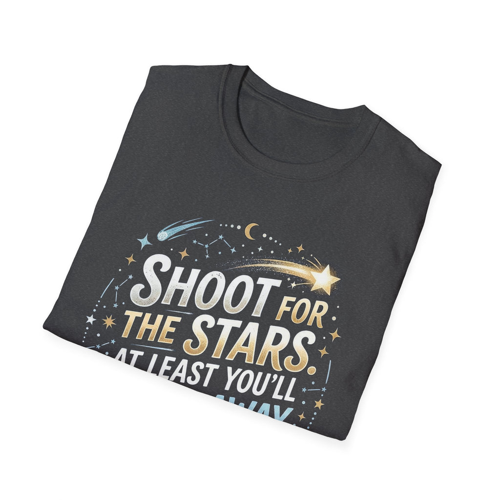 Dark Heather Shoot for the Stars T-shirt, angled view of starry quote graphic