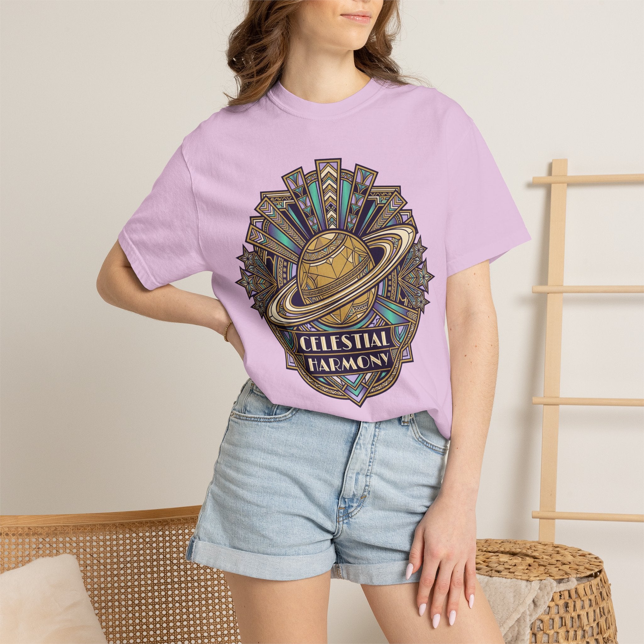 Lavender T-shirt with Saturn ring celestial graphic, worn by model