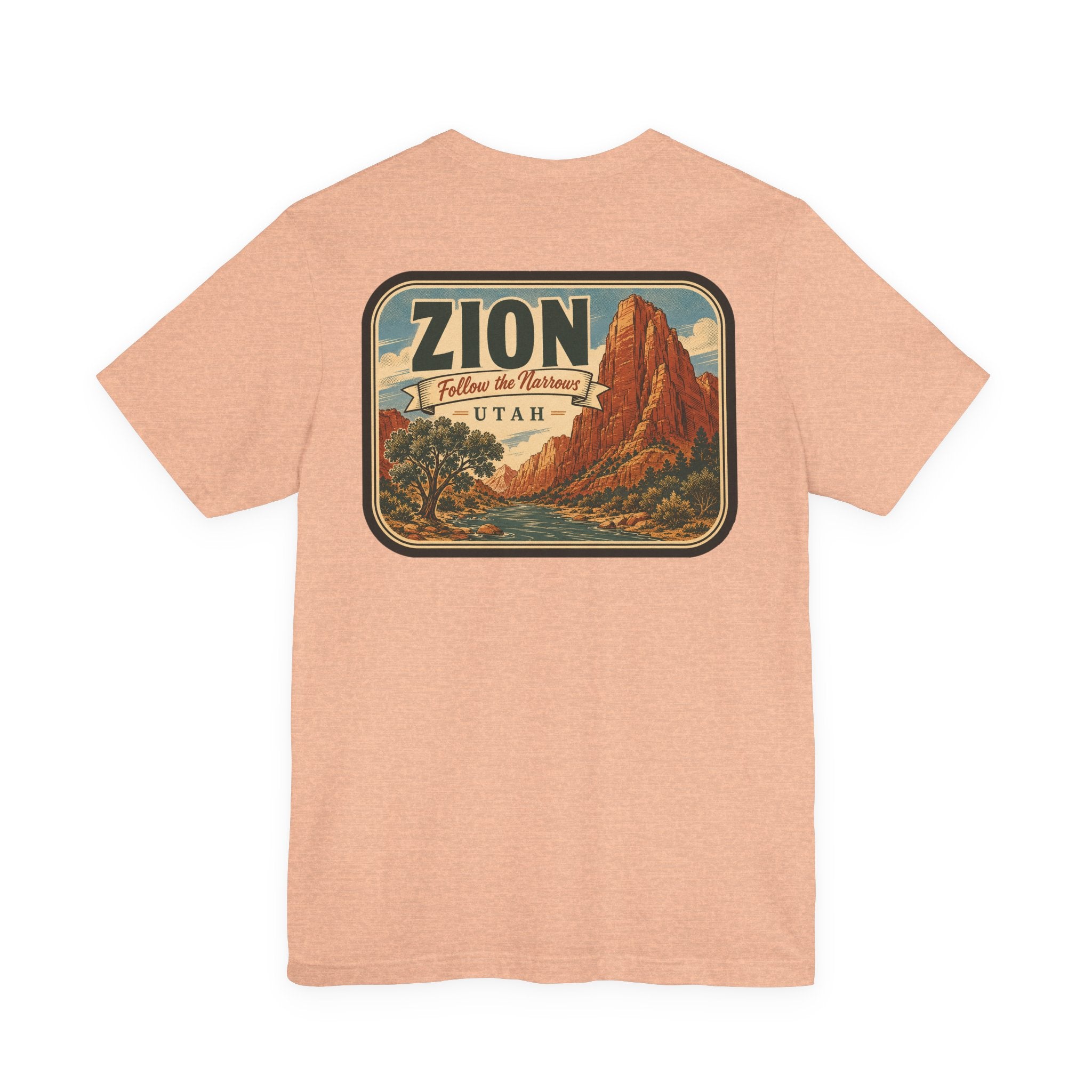 Heather peach T-shirt with rectangular Zion desert landscape graphic on back