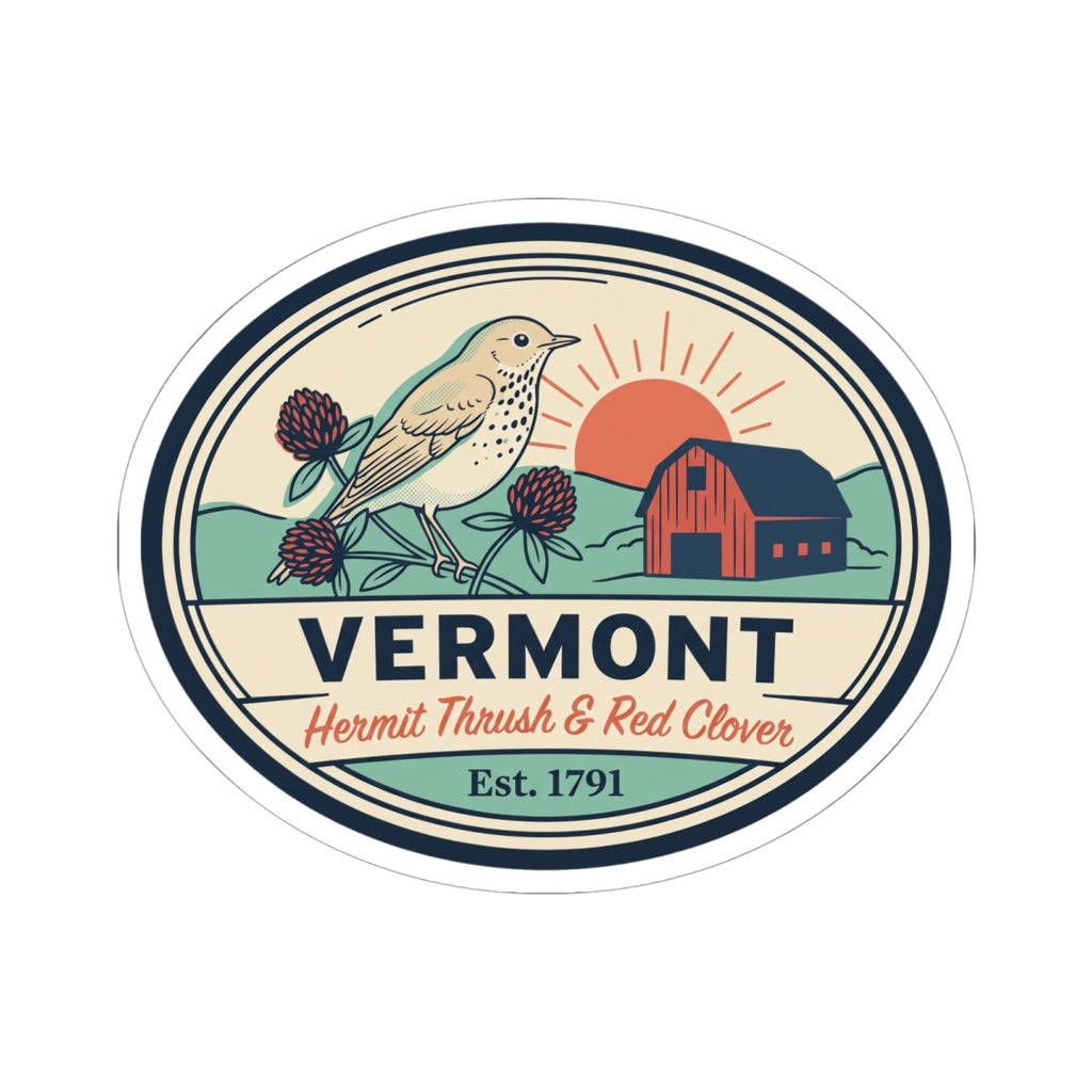 Round Vermont travel sticker showing hermit thrush, red clover, barn, and Est. 1791