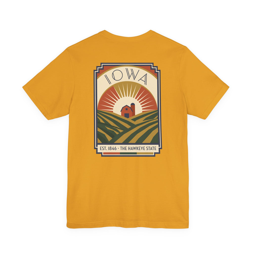 Gold t-shirt with centered IOWA art deco farm scene graphic