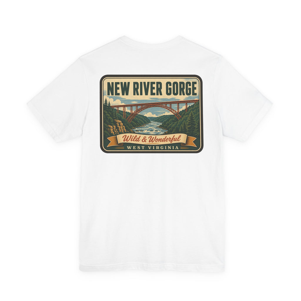 White crew-neck t-shirt with "New River Gorge" bridge graphic on back