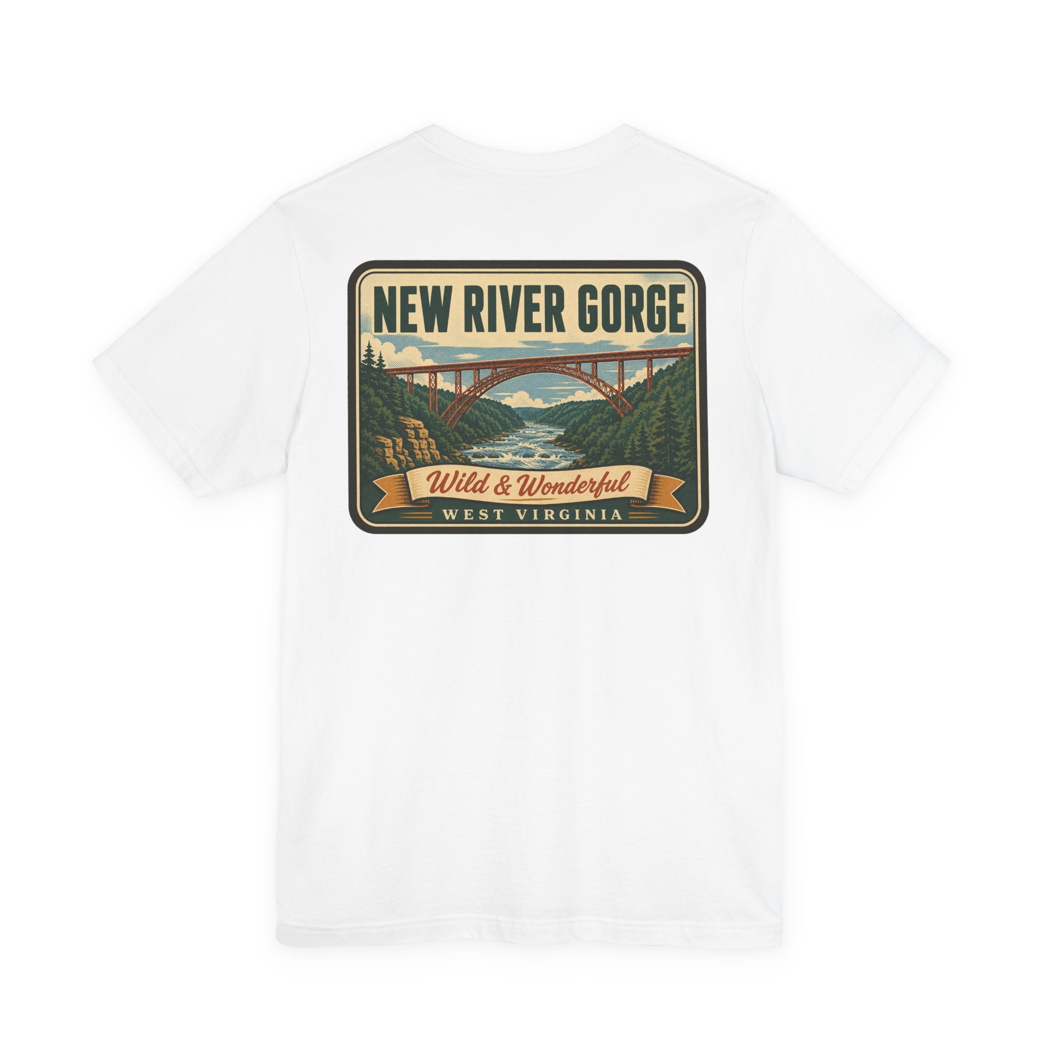 White crew-neck t-shirt with "New River Gorge" bridge graphic on back