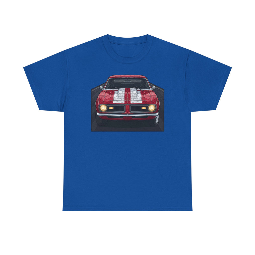 Royal blue vintage muscle car graphic T-shirt with front view red car illustration
