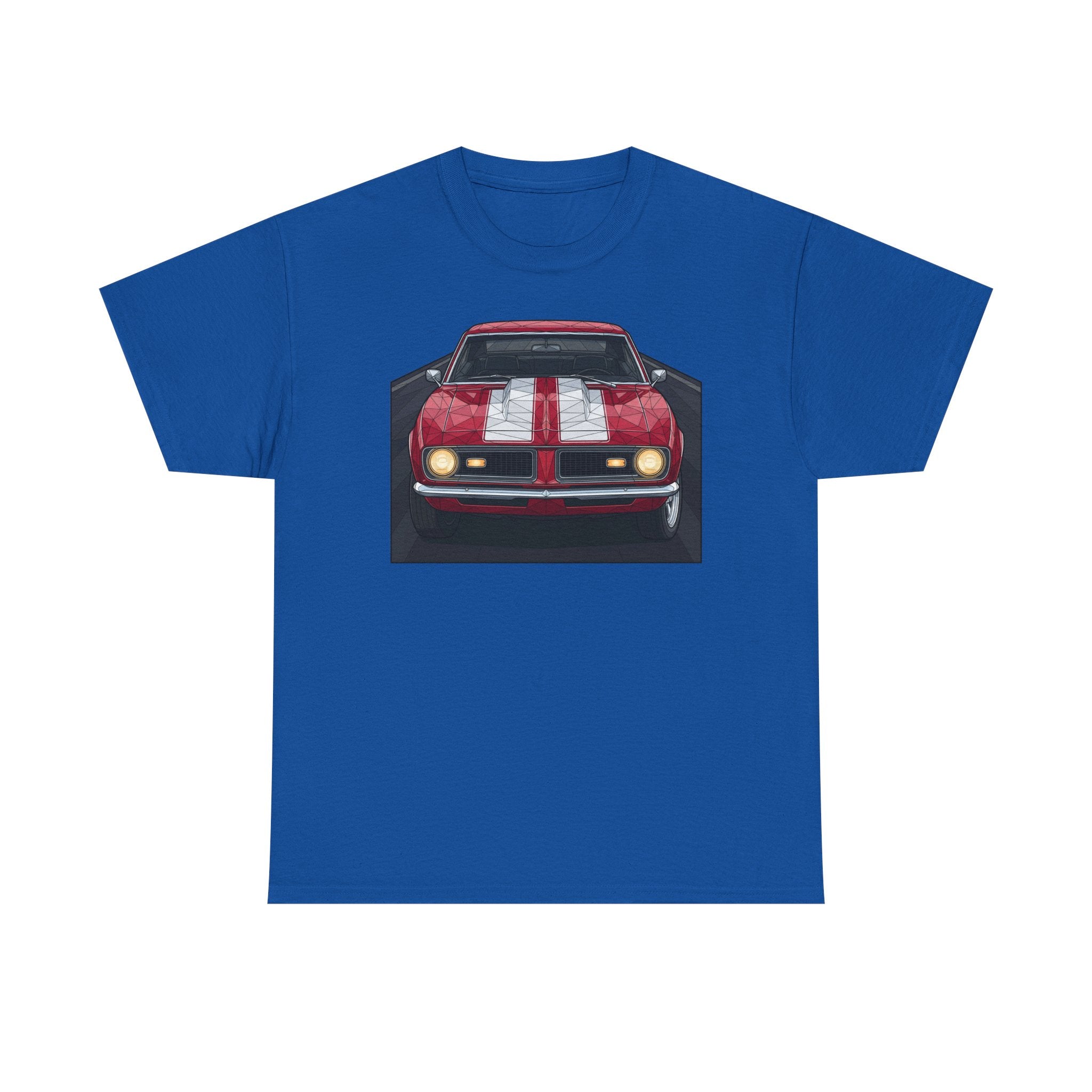 Royal blue vintage muscle car graphic T-shirt with front view red car illustration