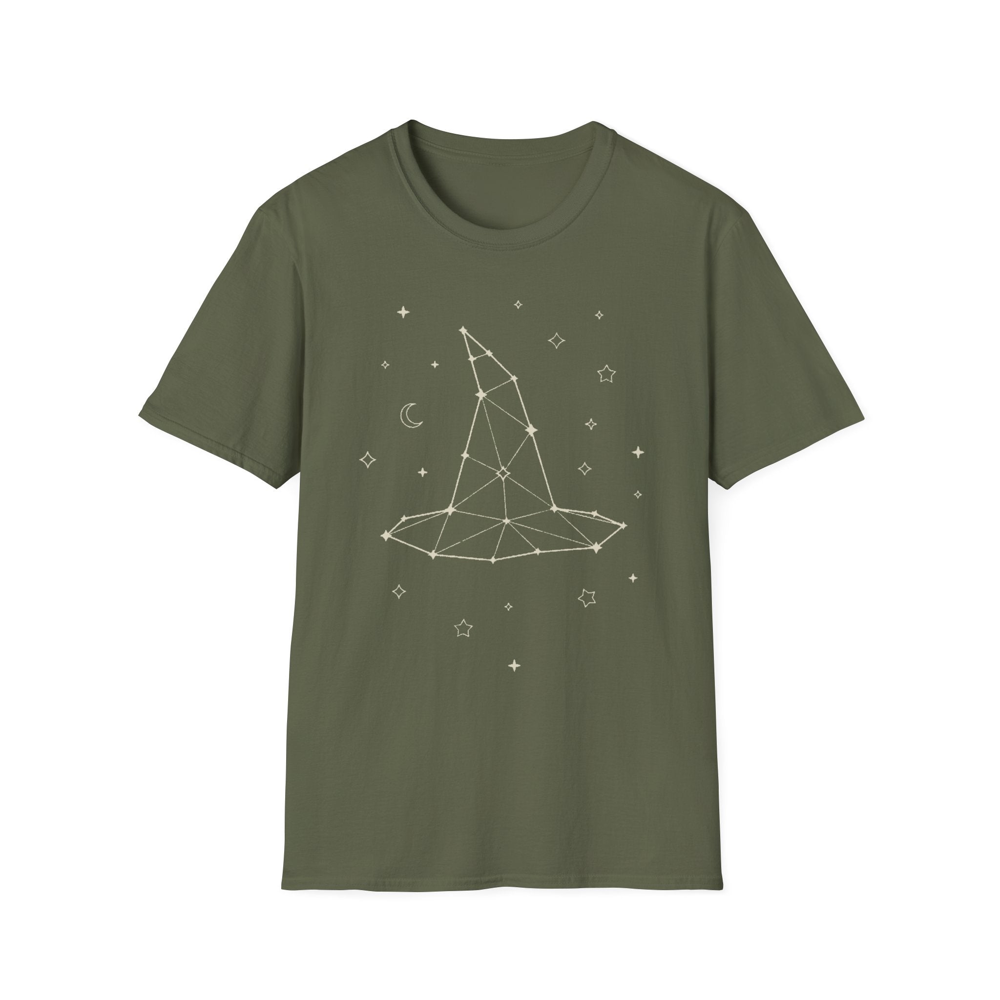 Olive green T-shirt with crew neck, short sleeves and star constellation print