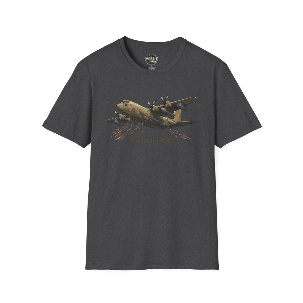 Dark heather C-130 cargo plane graphic T-shirt, “DEATH FROM ABOVE”