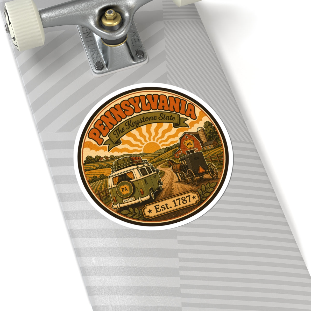 Oval Pennsylvania sticker on luggage with vintage van, buggy scene, and Est. 1787