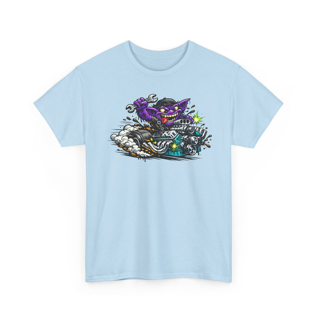 Unisex light blue T-shirt with purple grinning cat biker motorcycle graphic on front.