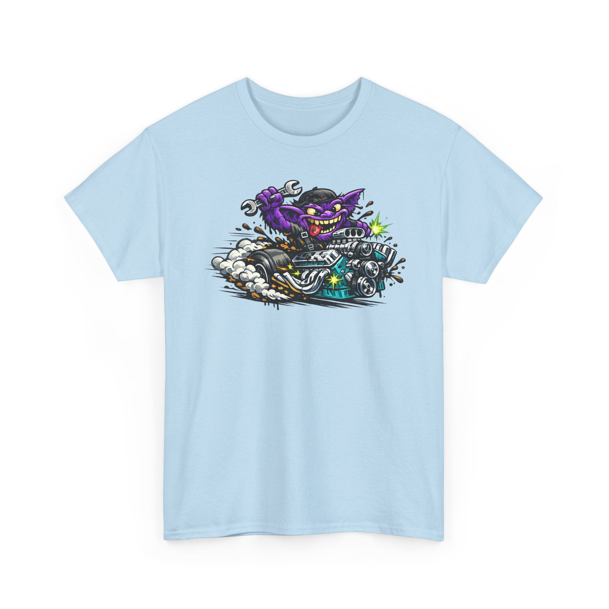 Unisex light blue T-shirt with purple grinning cat biker motorcycle graphic on front.