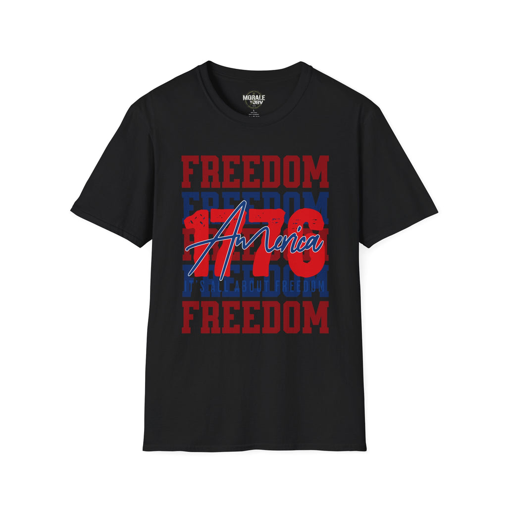 Black Freedom USA graphic T-shirt with red/blue 'America' and freedom text