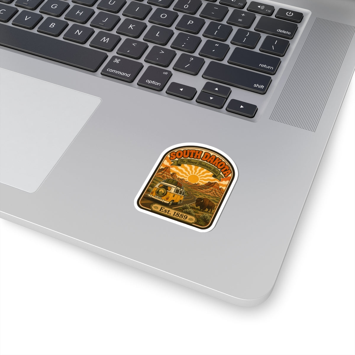 South Dakota vintage roadtrip sticker with Est. 1889 badge and desert landscape