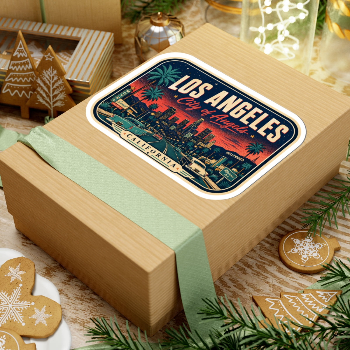 Luggage tag sticker on gift box featuring Los Angeles skyline, palm trees, and California