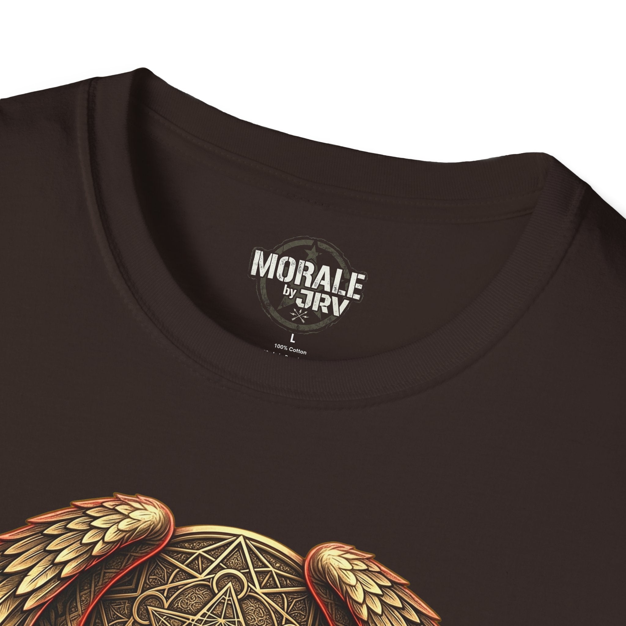 Close-up neckline on dark chocolate T-shirt with owl shield emblem graphic