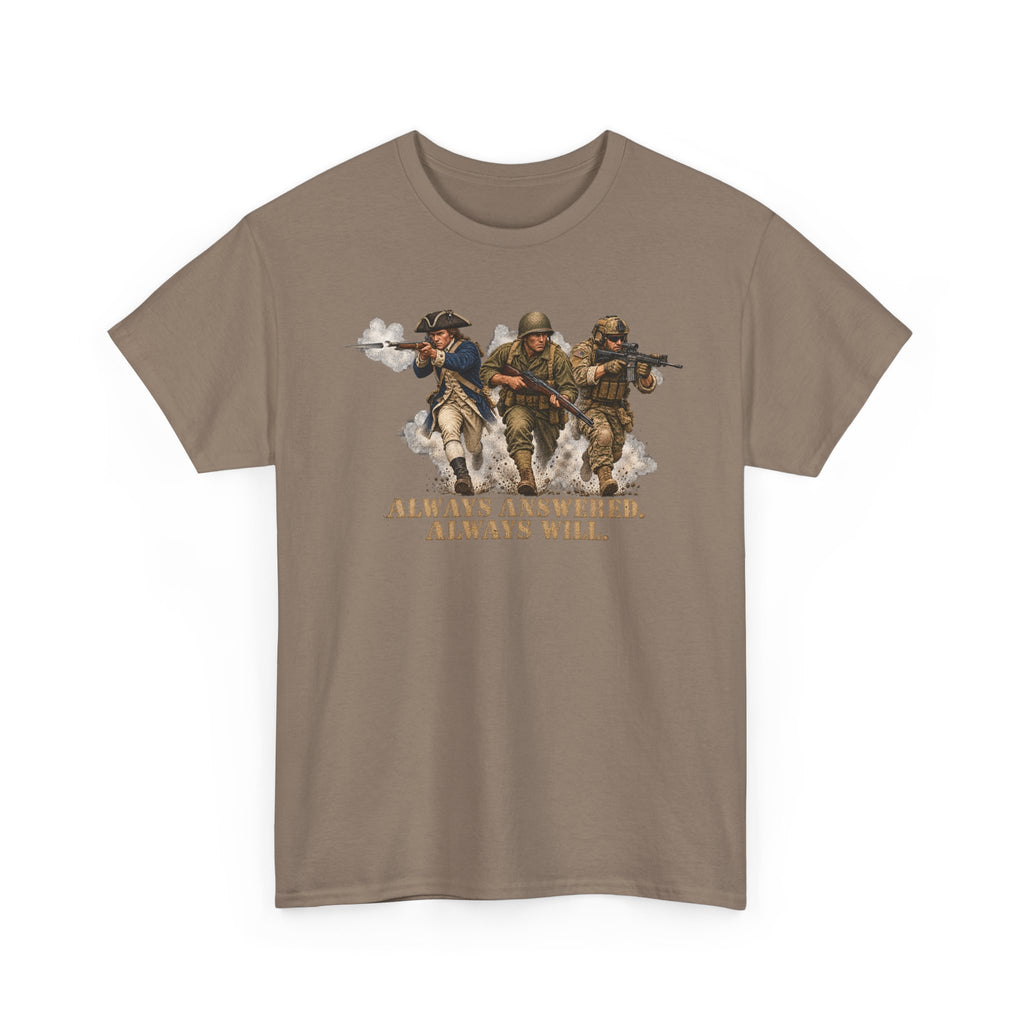 Brown graphic military T-shirt with soldier trio and 'Always Answered'/'Always Will' print