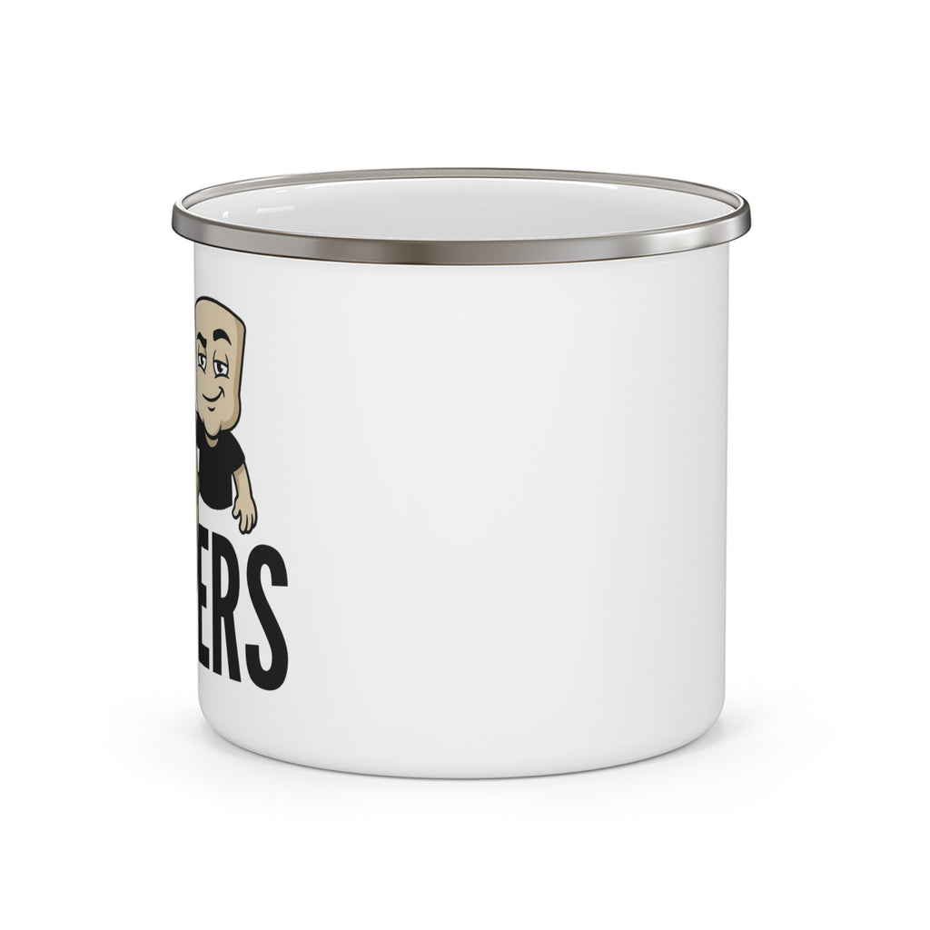Enamel camping mug side view with partial Size Matters text and cartoon angler
