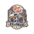Delaware sticker showing Grist for the Mill art, house and wheel, with DELAWARE at center