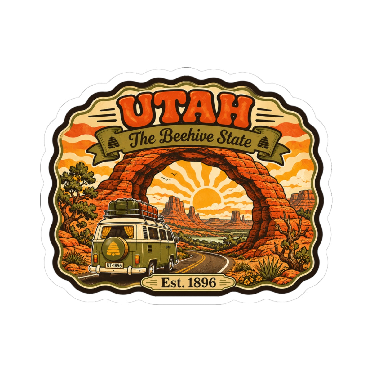 Utah vintage kiss-cut sticker with canyon arch, van, sun rays, and “The Beehive State” text