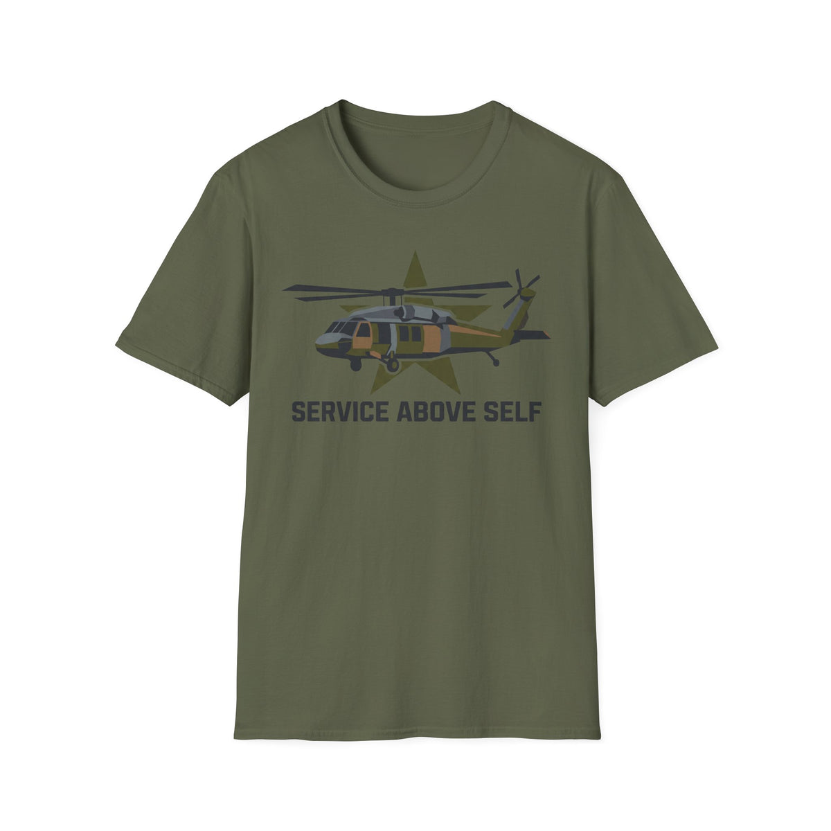 Service Above Self T-shirt in darker green with helicopter star graphic on chest