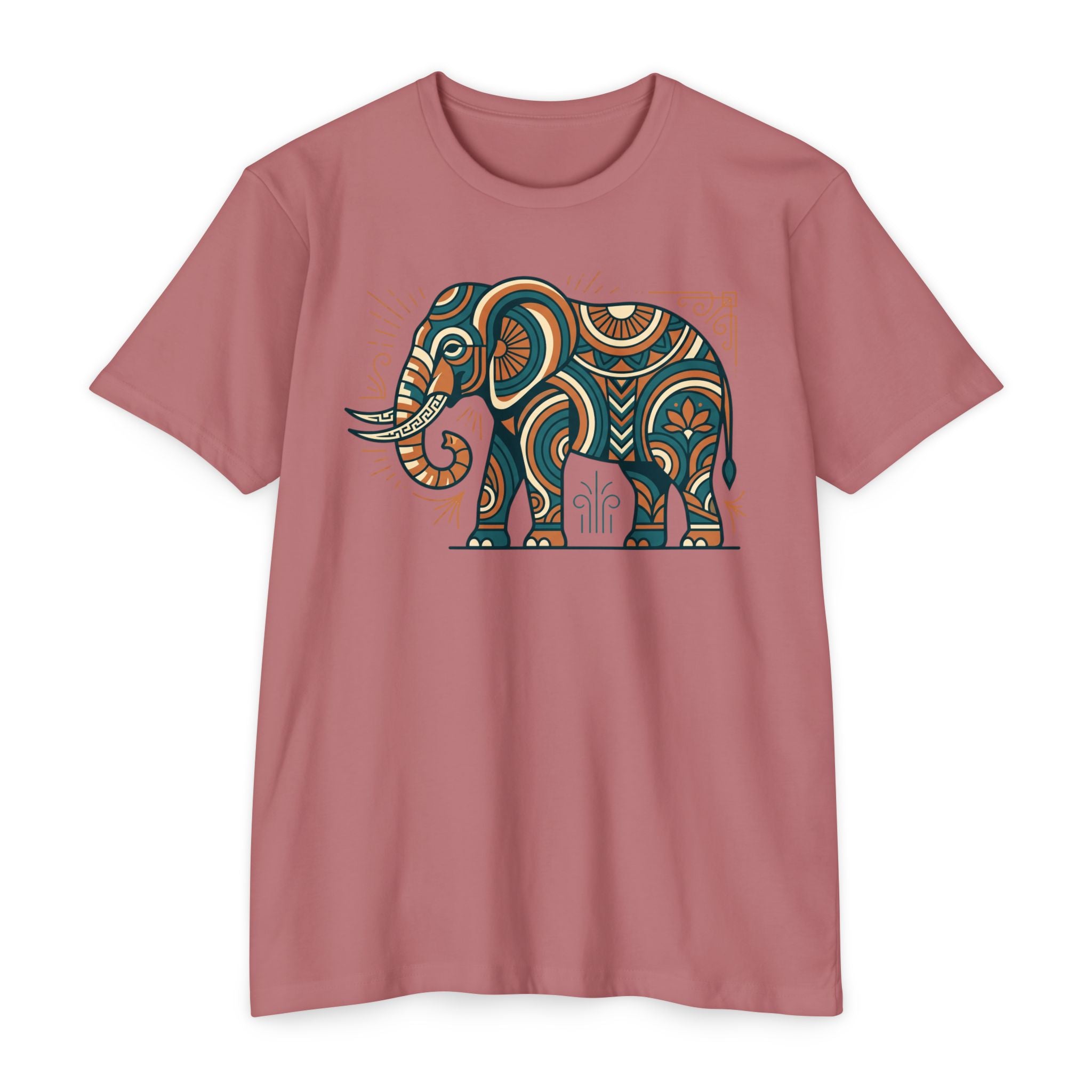 Dusty rose crewneck short-sleeve T-shirt with colorful paisley elephant graphic on chest