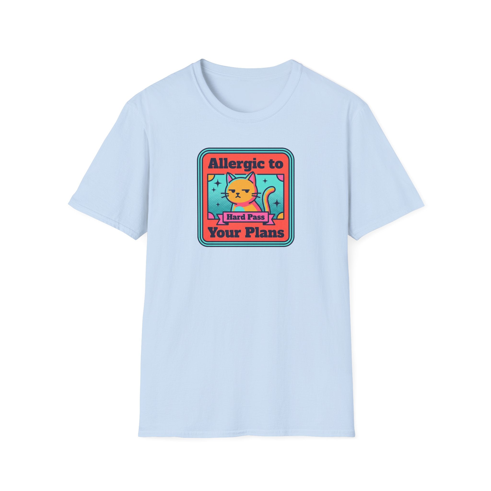 Light blue cat graphic t-shirt with framed cartoon cat front print