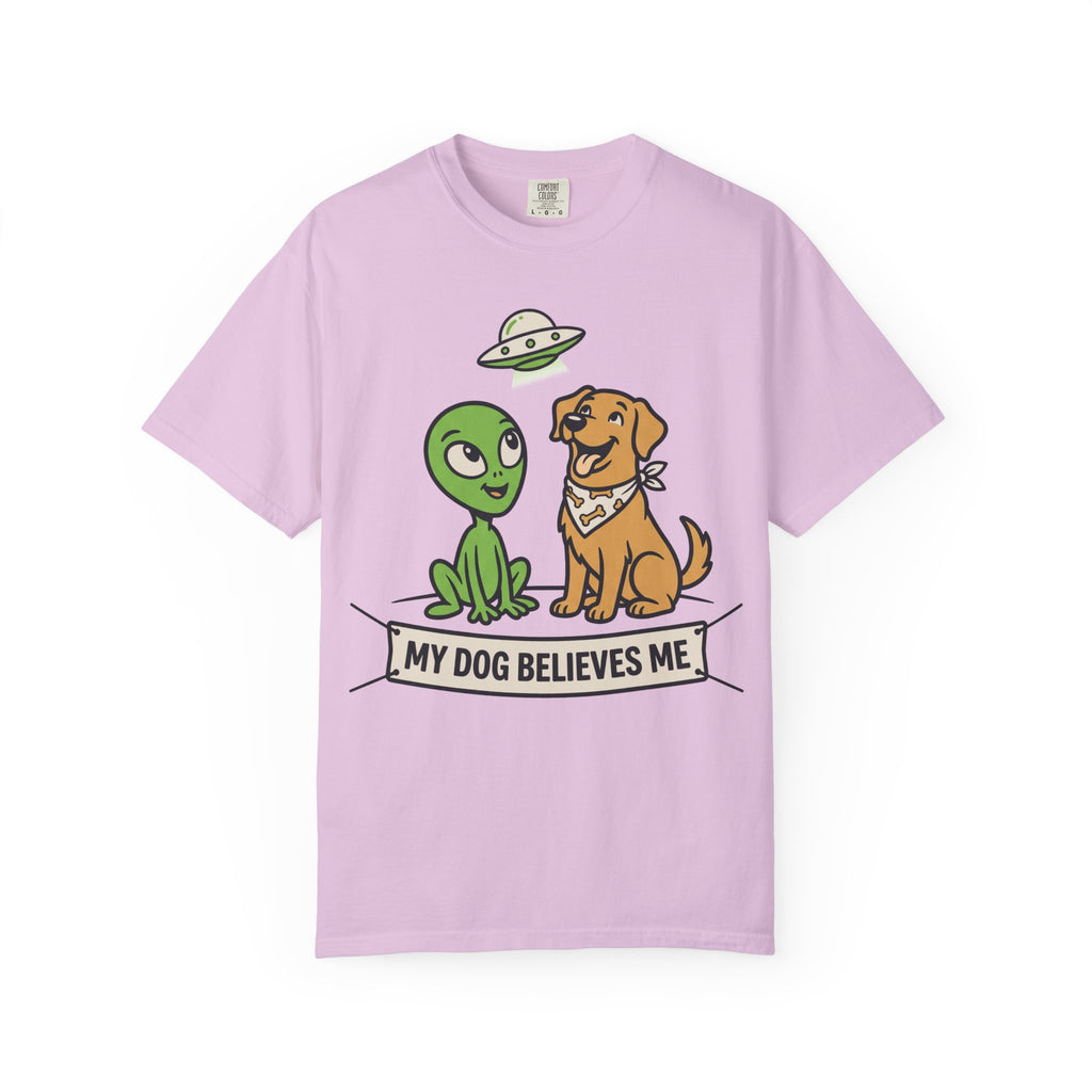 Lavender T-shirt with alien and dog graphic, 'MY DOG BELIEVES ME' text