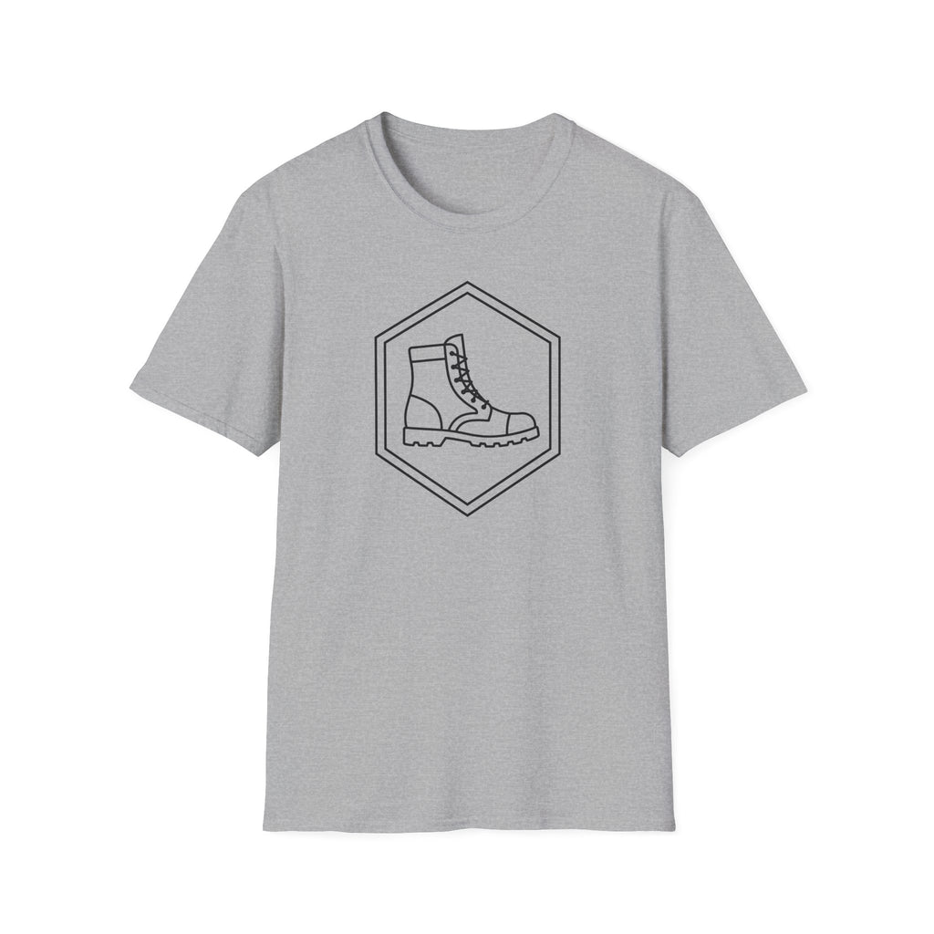 Light gray T-shirt with a diamond emblem and boot illustration on the front.