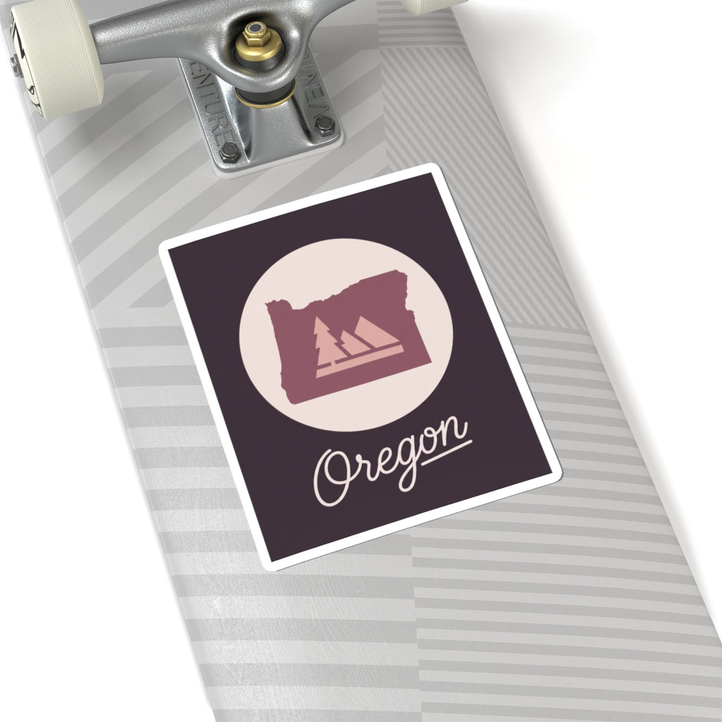 Square kiss-cut Oregon sticker with circular Oregon state graphic and cursive Oregon name