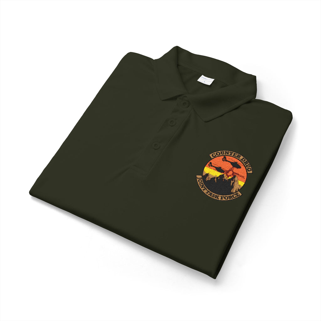Polo shirt, dark green, embroidered chest logo, button placket and short sleeves