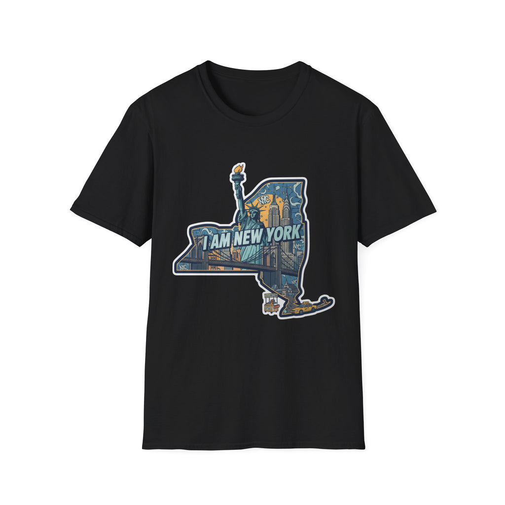 Black T-shirt with NYC skyline and “I Am New York” graphic print on chest