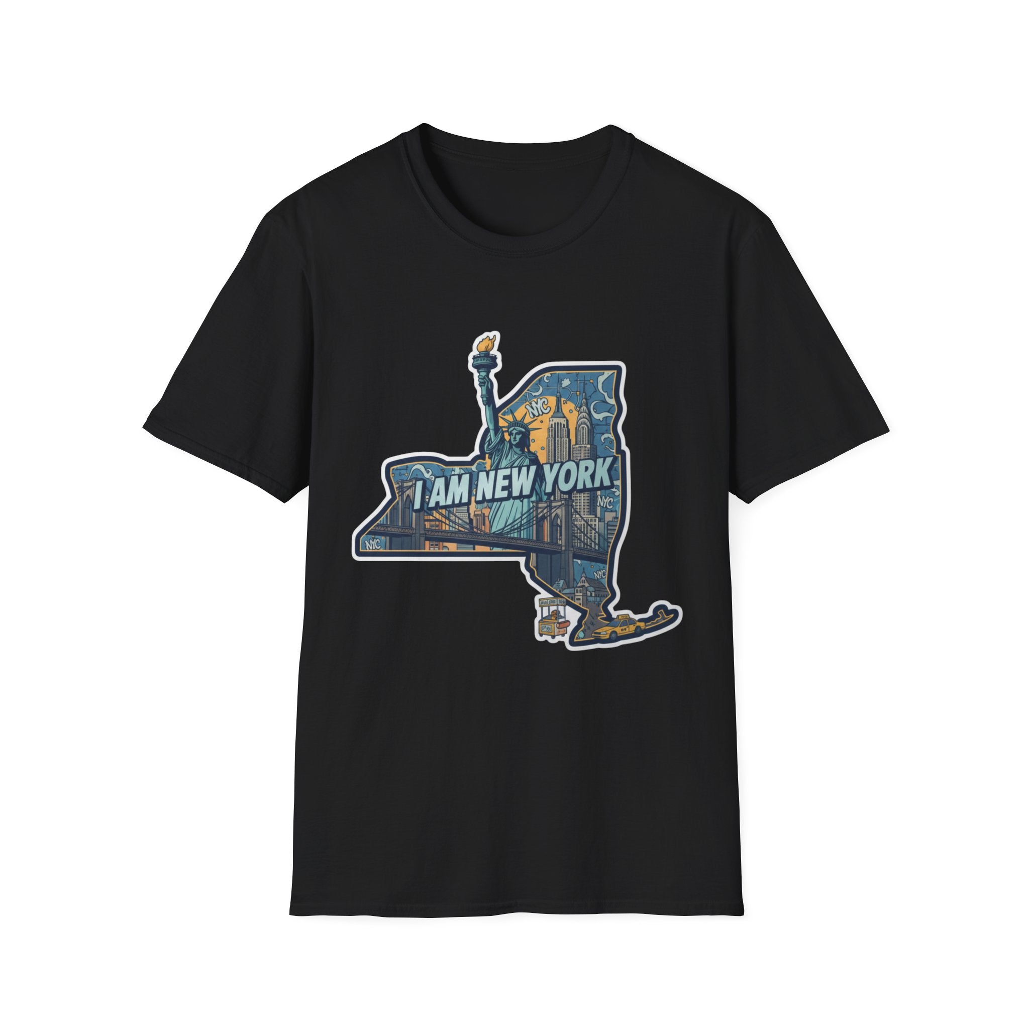 Black T-shirt with NYC skyline and “I Am New York” graphic print on chest