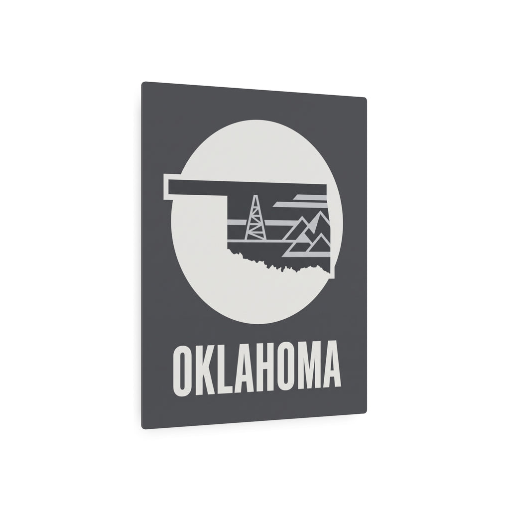 Oklahoma metal art wall sign with dark gray frame, white circle oil rig image, OKLAHOMA