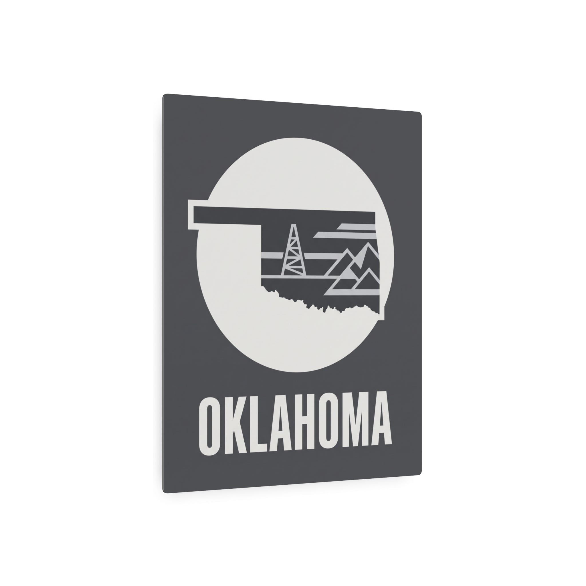 Oklahoma metal art wall sign with dark gray frame, white circle oil rig image, OKLAHOMA