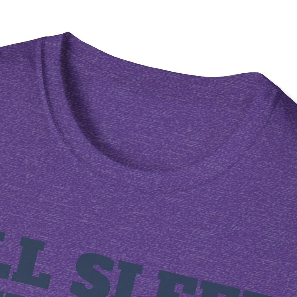 Purple T-shirt close-up of crew neck and partial graphic text