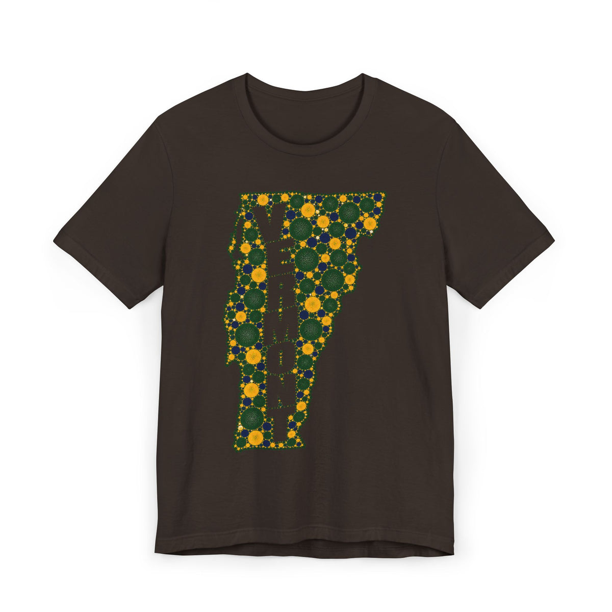 Dark brown T-shirt with multicolor floral Vermont outline and VERMONT text graphic.