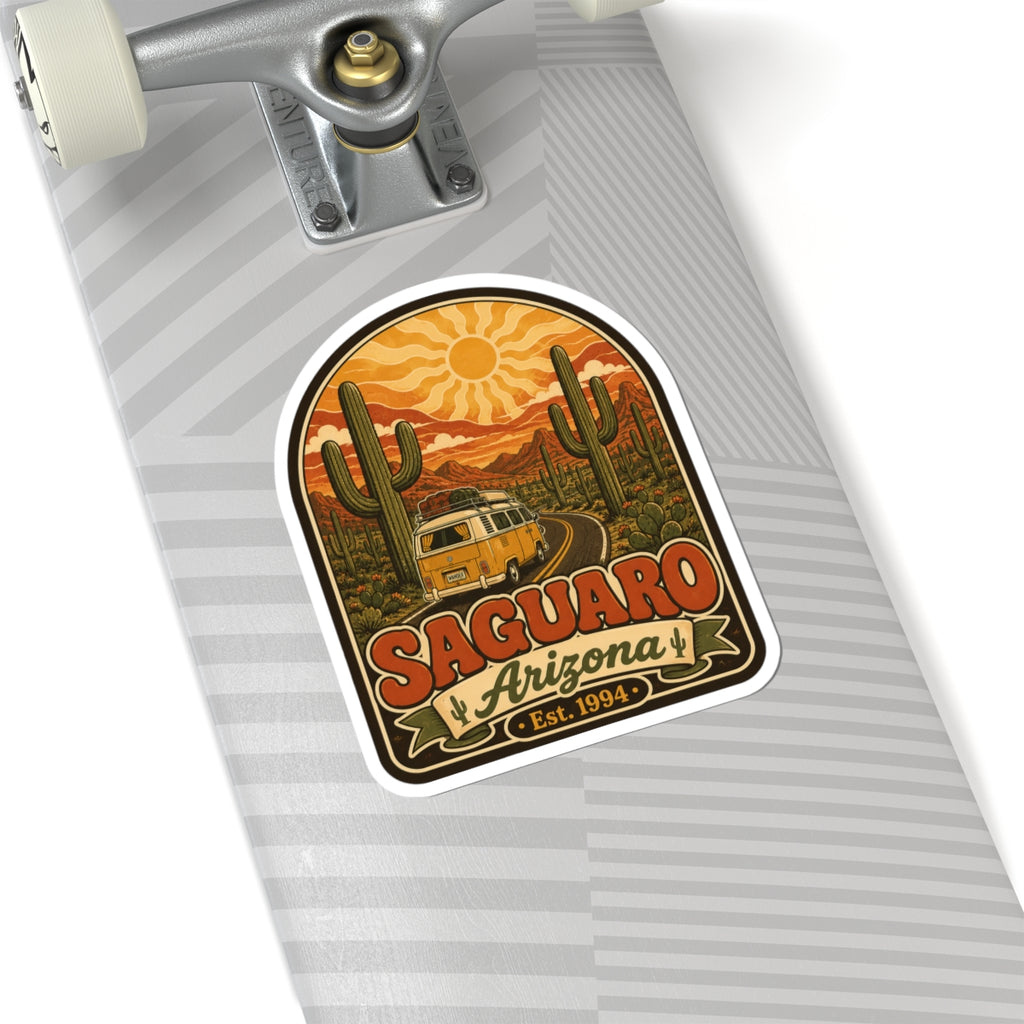 Saguaro Arizona kiss-cut sticker on a skateboard deck, with cactus and Est. 1994