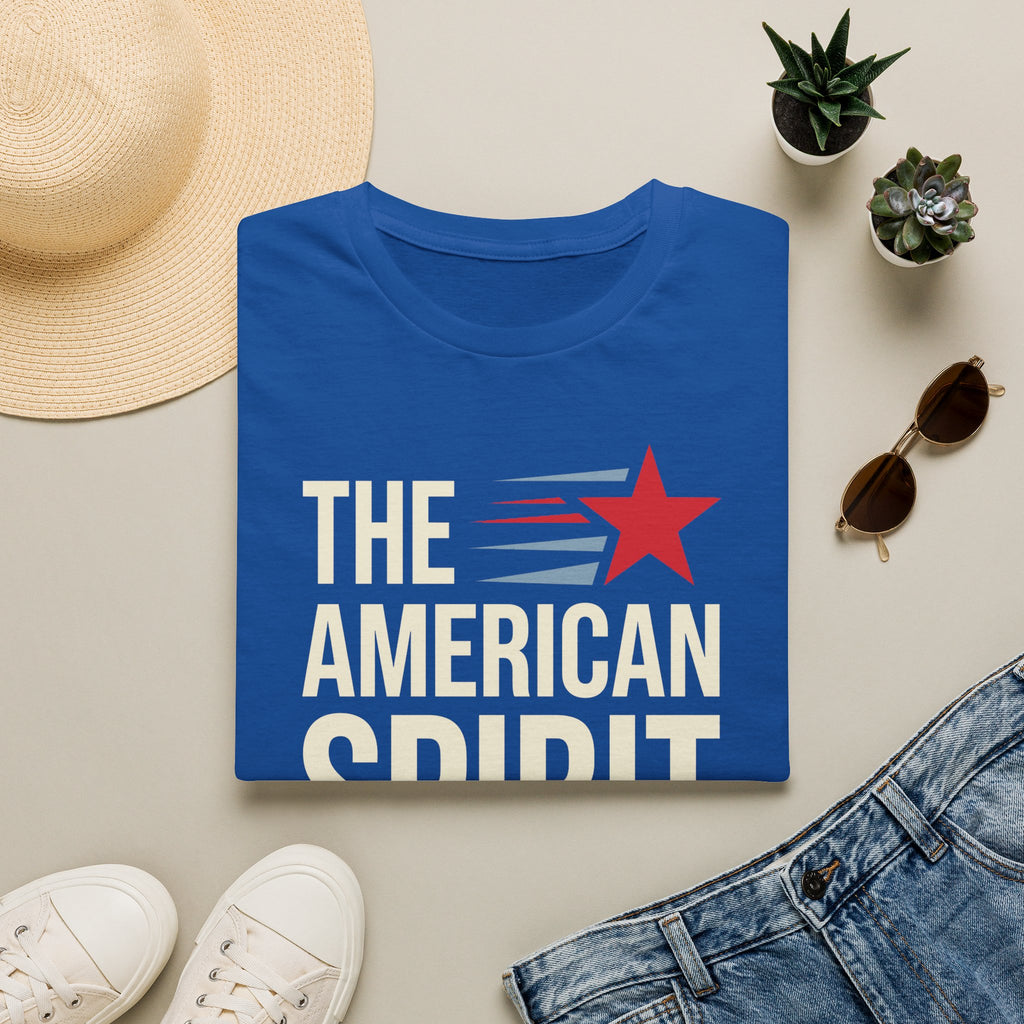 Patriotic graphic t-shirt in royal blue with 'THE AMERICAN SPIRIT' and red star